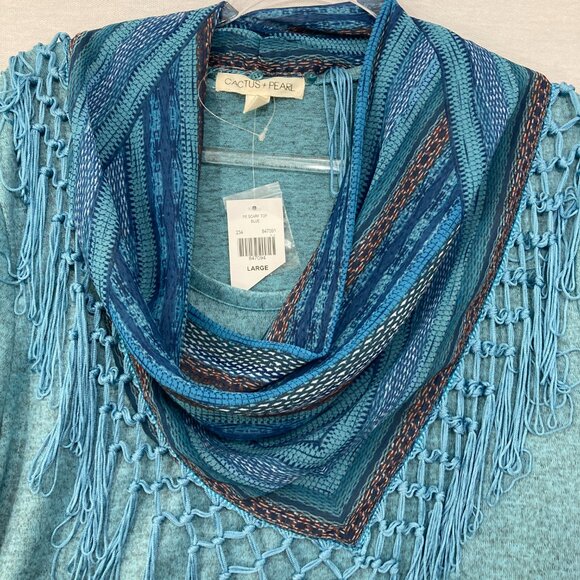 New Cactus + Pearl Large Blue 3/4 Sleeve Stretch Knit Scarf Boho Print Top - Picture 3 of 8